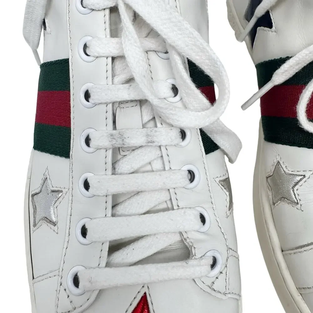 Gucci Ace Star Web Stripe Leather Sneakers 37.5 Metallic Python - Picture 3 of 11